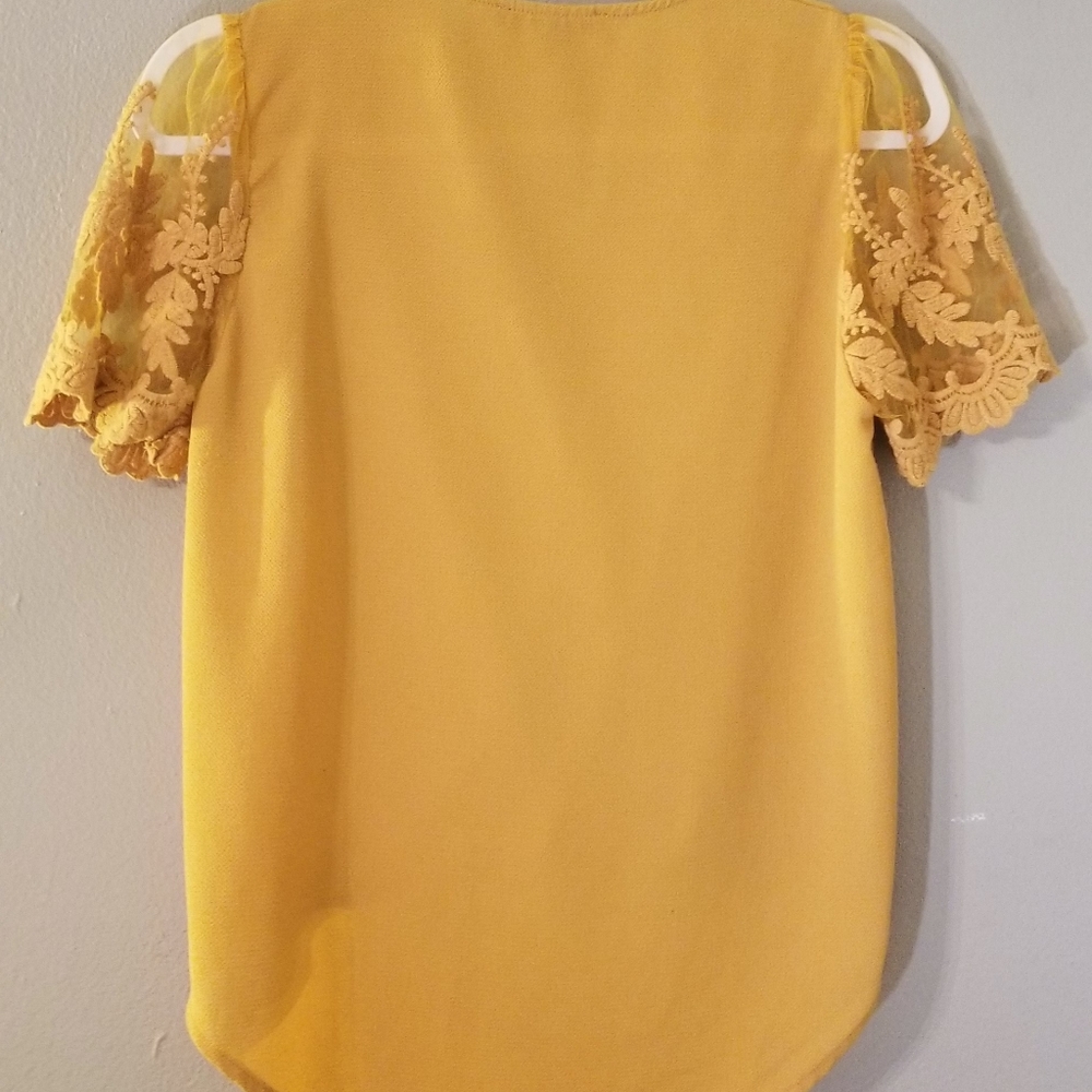 Boutique Mustard Lace Sleeve Crossover Blouse - Picture 3 of 4
